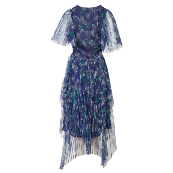 Marchesa Voyage Iris Blue Sheer Pleated Floral Print V-Neck Midi Dress 2 - Picture 3 of 16